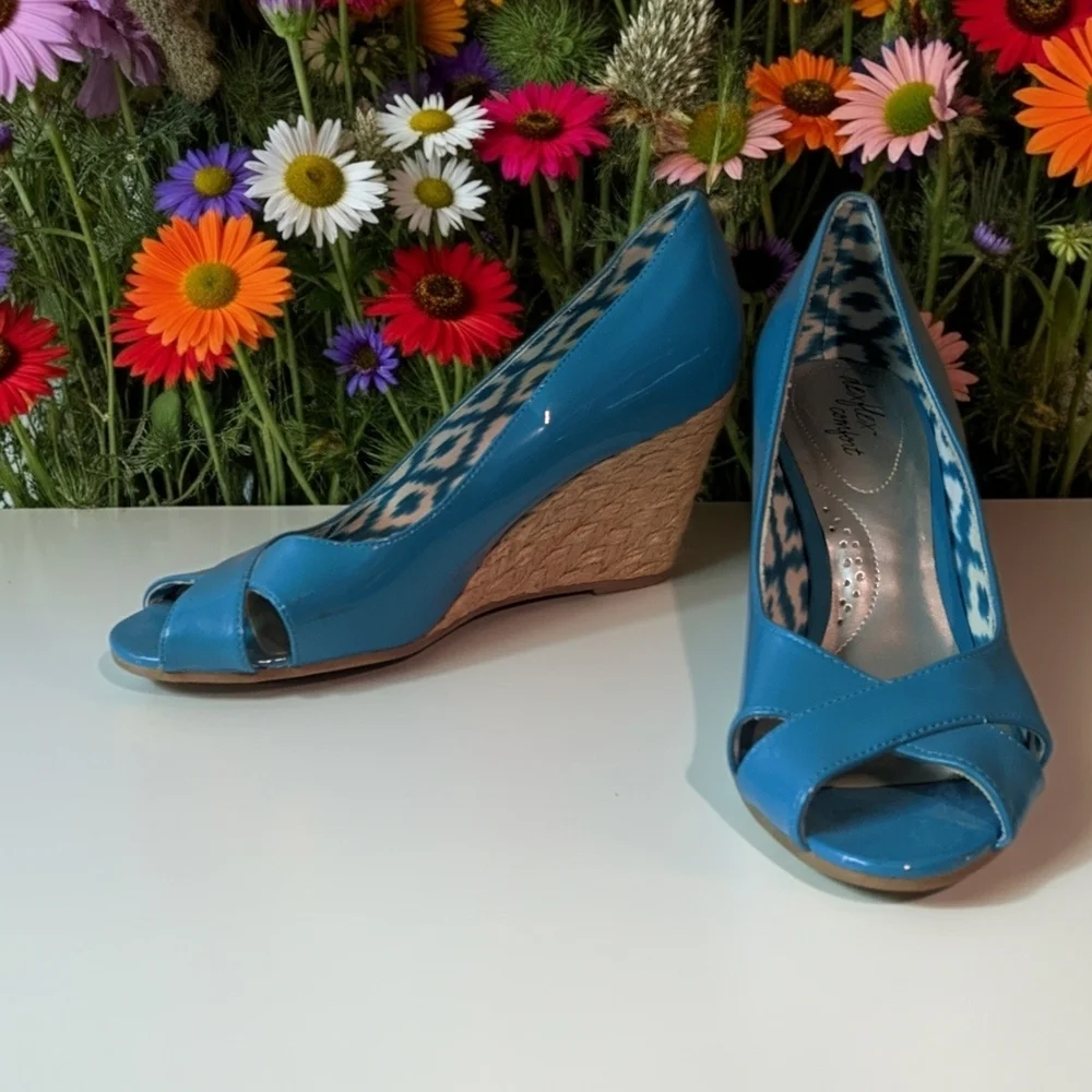 Dexflex Comfort Women's Blue Peep Toe Platform Wedge Sandals Size 7W